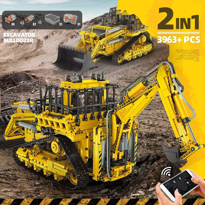 (C) Mould King 17023 Excavator and Bulldozer 2 in 1, Pneumatic RC Bulldozer Building Bricks Set, APP Remote Control Construction Vehicles Model with Motors, Gift Toy for Kids and Adults Aged 14+, 3963+ Pieces