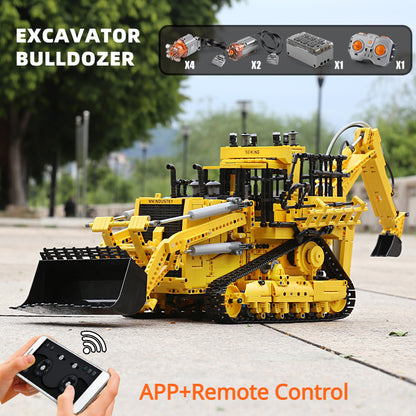 (C) Mould King 17023 Excavator and Bulldozer 2 in 1, Pneumatic RC Bulldozer Building Bricks Set, APP Remote Control Construction Vehicles Model with Motors, Gift Toy for Kids and Adults Aged 14+, 3963+ Pieces