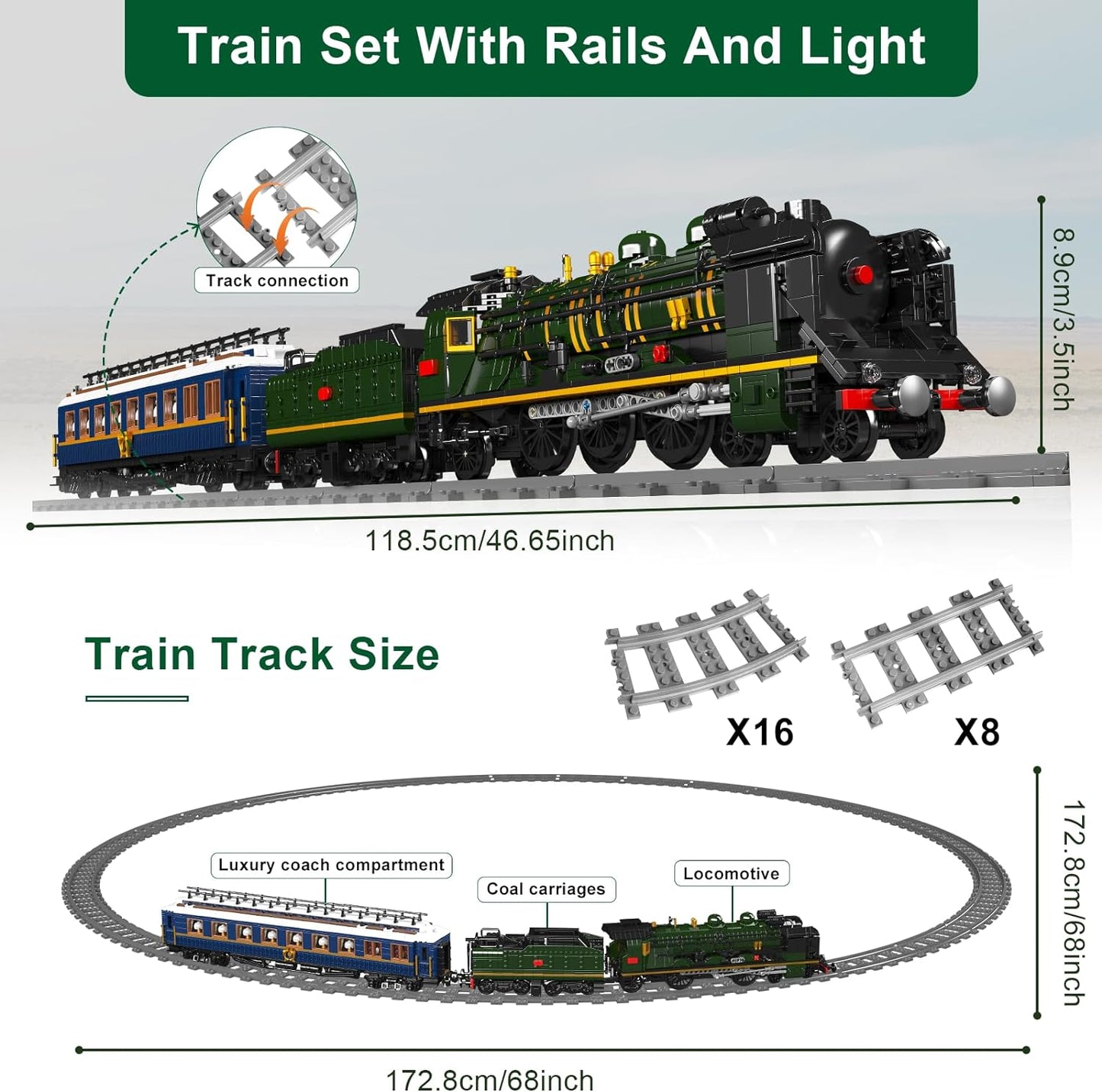 Mould King 12025 Train Building Bricks Toy, MOC Oriental Express Steam Locomotive Lighting Train Building Blocks Set with LED Light, RC Control Train with Motors and Tracks, Gift for Adult/Kids Aged 8+ (3898+ Pieces)