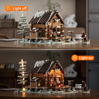 FUNWHOLE F9018 Hunting-Cabin Lighting Building Bricks Set - Retro Wooden Cabin LED Light Construction Building Model Set, Gift for Adults and Teens(2036 PCs)