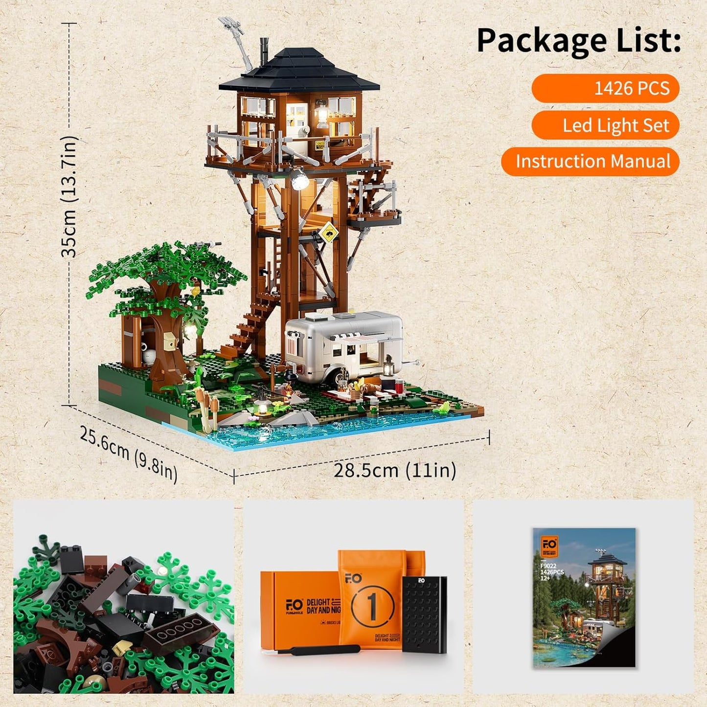 FUNWHOLE F9022 Lookout Campground Lighting BuildingBricks Set - Retro Wild Lookout Tower Camping Car and Family Minifigures, LED Lighting Building Set for Adults and Teens (1426+ PCs)