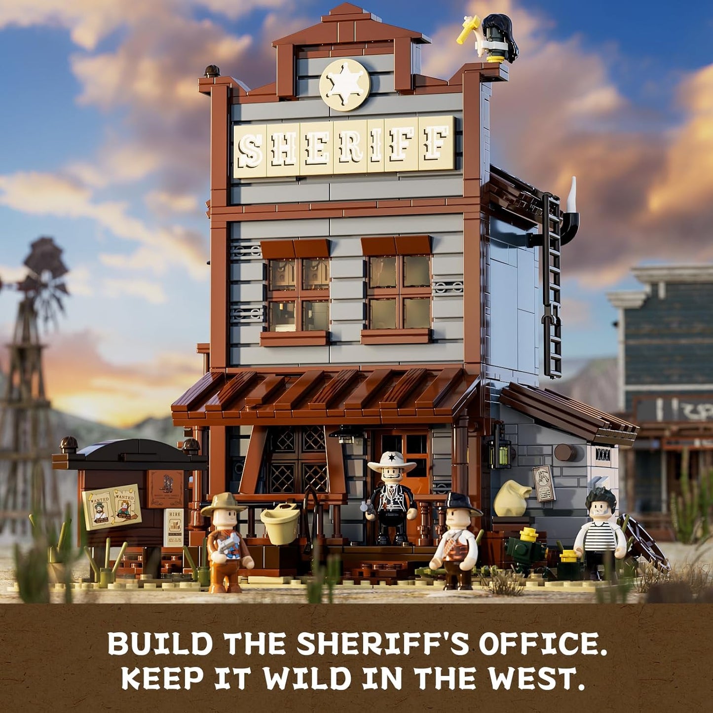 FUNWHOLE F9026 Sheriff's-Office Lighting Building-Bricks Set - The Old Wild West Sheriff's Office LED Light Construction Building Toy Set, for Adults and Teens (1240+ PCs)