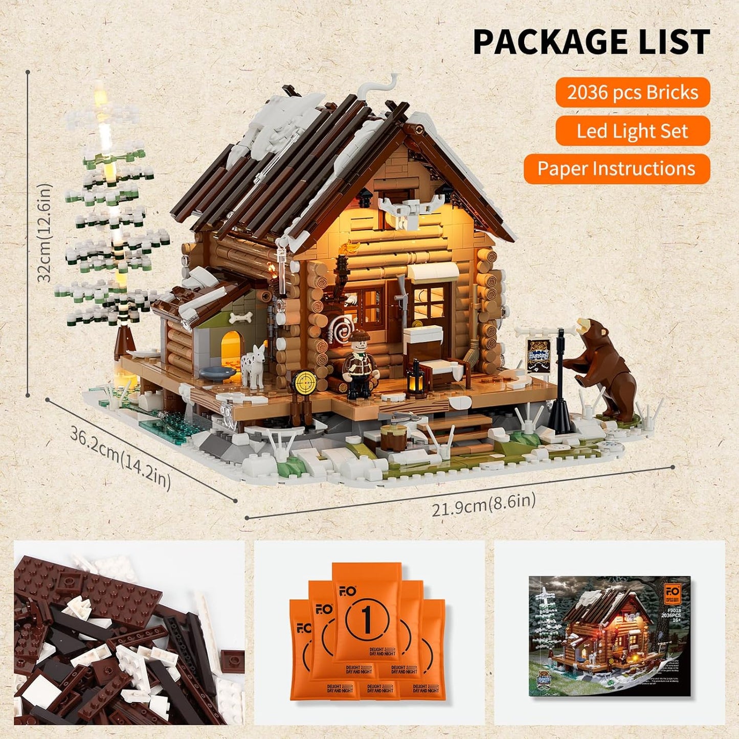 FUNWHOLE F9018 Hunting-Cabin Lighting Building Bricks Set - Retro Wooden Cabin LED Light Construction Building Model Set, Gift for Adults and Teens(2036 PCs)