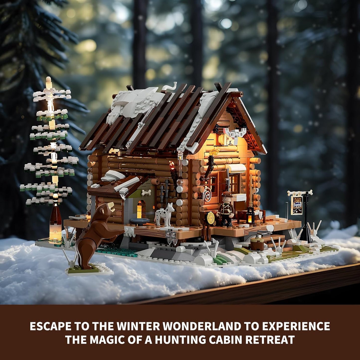 FUNWHOLE F9018 Hunting-Cabin Lighting Building Bricks Set - Retro Wooden Cabin LED Light Construction Building Model Set, Gift for Adults and Teens(2036 PCs)