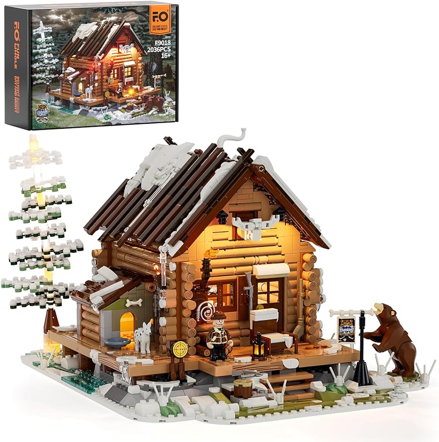 FUNWHOLE F9018 Hunting-Cabin Lighting Building Bricks Set - Retro Wooden Cabin LED Light Construction Building Model Set, Gift for Adults and Teens(2036 PCs)