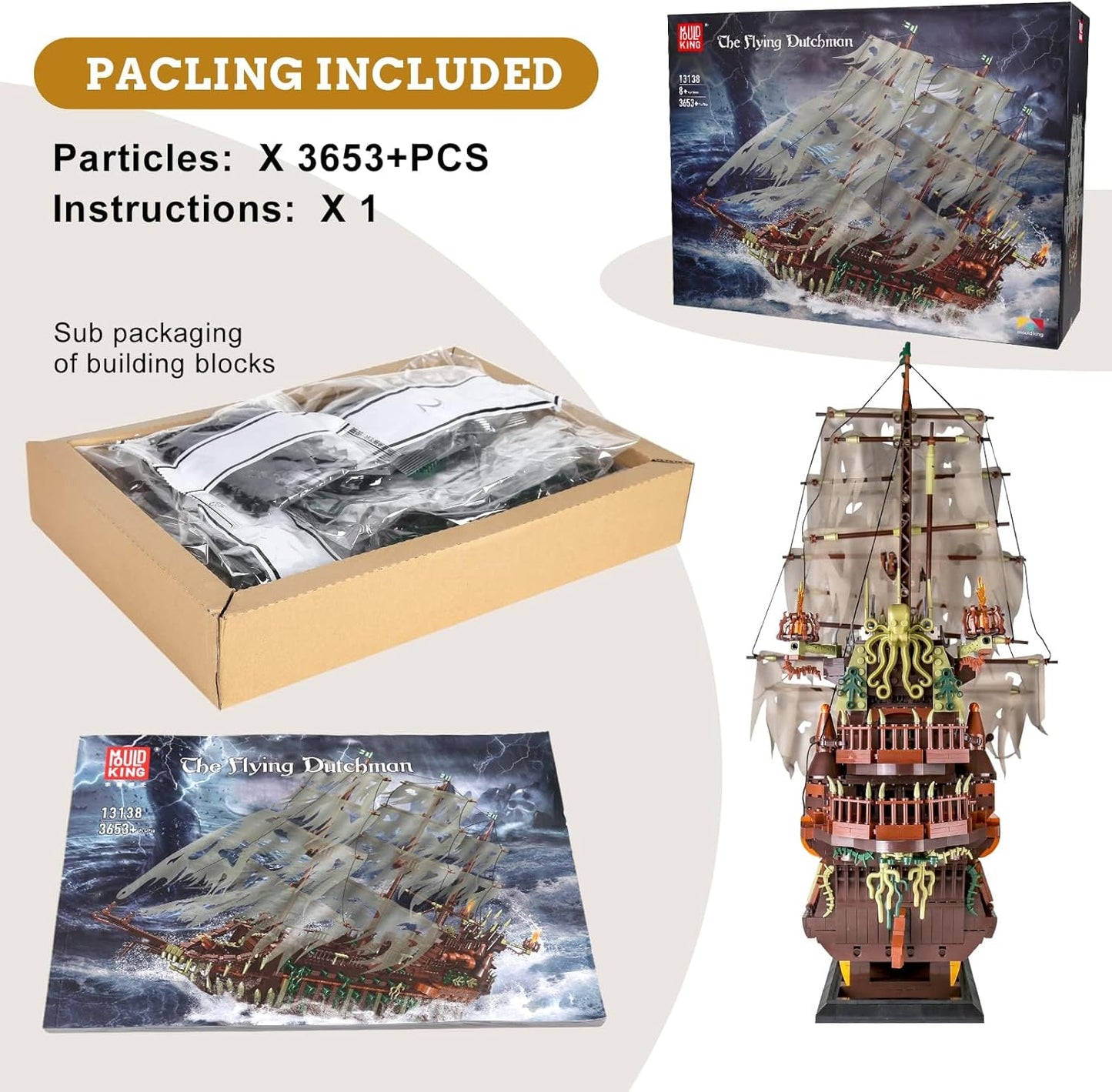 (C) Mould King 13138 Large Pirates Ship Model Building Bricks Set, MOC Flying Dutchman Building Blocks Pirate Ship Construction Set to Build, Toy Gift for Kids Aged 8+/Adult Collections Building Bricks Enthusiasts (3653+PCs)