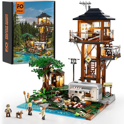 FUNWHOLE F9022 Lookout Campground Lighting BuildingBricks Set - Retro Wild Lookout Tower Camping Car and Family Minifigures, LED Lighting Building Set for Adults and Teens (1426+ PCs)